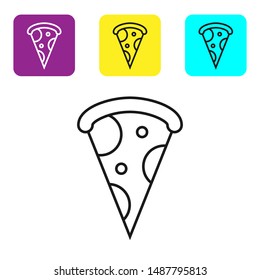 Black line Slice of pizza icon isolated on white background. Fast food menu. Set icons colorful square buttons. Vector Illustration