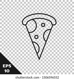 Black line Slice of pizza icon isolated on transparent background. Fast food menu.  Vector Illustration