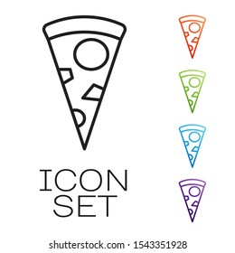 Black line Slice of pizza icon isolated on white background. Set icons colorful. Vector Illustration