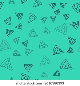 Black line Slice of pizza icon isolated seamless pattern on green background. Fast food menu.  Vector