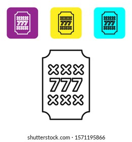 Black line Slot machine with lucky sevens jackpot icon isolated on white background. Set icons colorful square buttons. Vector Illustration