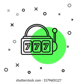 Black line Slot machine with lucky sevens jackpot icon isolated on white background.  Vector Illustration