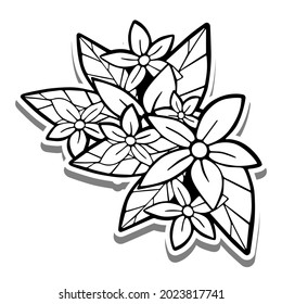 Black line small bouquet on white silhouette and gray shadow. Vector illustration for decorate logo, text, greeting cards and any design.