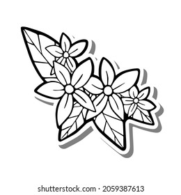 Black line small bouquet on white silhouette and gray shadow. Vector illustration for decorate logo, text, greeting cards and any design.