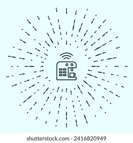 Icono de sistema de máquina de café inteligente de línea negra aislado en fondo gris. Internet de cosas con conexión inalámbrica. Resumen de puntos aleatorios de círculo. Vector
