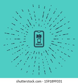 Black line Smart control farming system mobile application icon isolated on green background. Abstract circle random dots. Vector Illustration