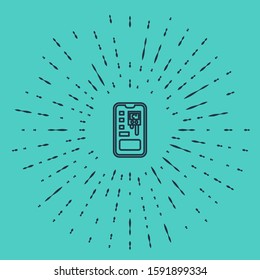 Black line Smart control farming system mobile application icon isolated on green background. Abstract circle random dots. Vector Illustration
