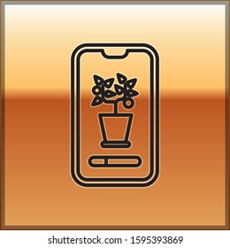 Black line Smart control farming system mobile application icon isolated on gold background.  Vector Illustration