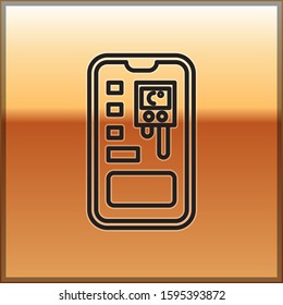 Black line Smart control farming system mobile application icon isolated on gold background.  Vector Illustration