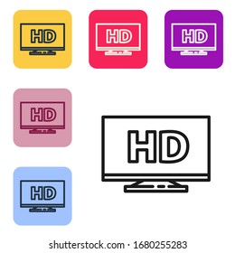 Pantalla inteligente en línea negra con icono de la tecnología de vídeo HD aislado en fondo blanco. Establecer iconos en botones cuadrados de color. Ilustración vectorial