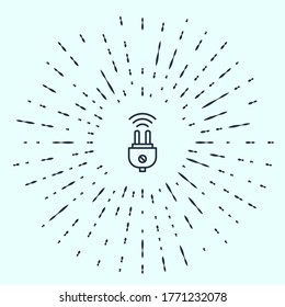 Línea negra Icono de sistema de enchufe eléctrico inteligente aislado en fondo gris. Internet de cosas con conexión inalámbrica. Resumen de puntos aleatorios de círculo. Vector