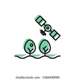 Black line Smart farm with drone control and tree icon isolated on white background. Innovation technology for agricultural company.  Vector Illustration