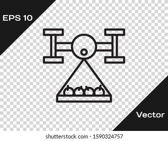 Black line Smart farm with drone control collects harvest icon isolated on transparent background. Innovation technology for agricultural company.  Vector Illustration