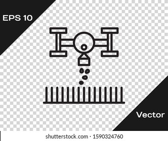 Black line Smart farm with drone control for seed planting icon isolated on transparent background. Innovation technology for agricultural company.  Vector Illustration