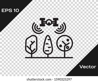 Black line Smart farm with drone control and tree icon isolated on transparent background. Innovation technology for agricultural company.  Vector Illustration