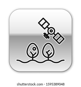 Black line Smart farm with drone control and tree icon isolated on white background. Innovation technology for agricultural company. Silver square button. Vector Illustration