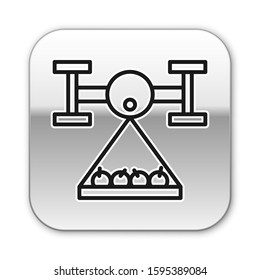 Black line Smart farm with drone control collects harvest icon isolated on white background. Innovation technology for agricultural company. Silver square button. Vector Illustration