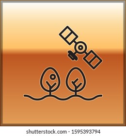 Black line Smart farm with drone control and tree icon isolated on gold background. Innovation technology for agricultural company.  Vector Illustration