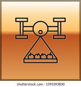 Black line Smart farm with drone control collects harvest icon isolated on gold background. Innovation technology for agricultural company.  Vector Illustration