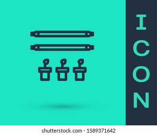 Black line Smart farm with light bulb and plant symbol icon isolated on green background.  Vector Illustration