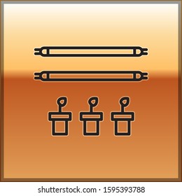 Black line Smart farm with light bulb and plant symbol icon isolated on gold background.  Vector Illustration