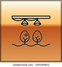 Black line Smart farm with light bulb and plant symbol icon isolated on gold background.  Vector Illustration