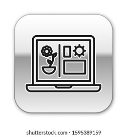 Black line Smart farming technology - farm automation system icon isolated on white background. Silver square button. Vector Illustration