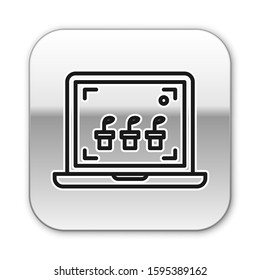 Black line Smart farming technology - farm automation system icon isolated on white background. Silver square button. Vector Illustration