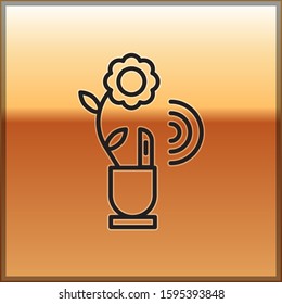 Black line Smart farming technology - farm automation system in app icon isolated on gold background.  Vector Illustration
