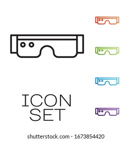 Línea negra Gafas inteligentes montadas sobre el icono de los espectáculos aislados sobre fondo blanco. Gafas inteligentes de electrónica con cámara y pantalla. Establecer iconos coloridos.  Ilustración vectorial