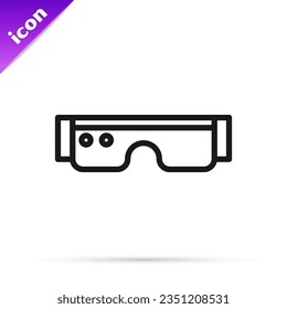 Schwarze Linie Intelligente Brillen auf Brillensymbol einzeln auf weißem Hintergrund montiert. Lesbare Elektronik Smart Brille mit Kamera und Display.  Vektorgrafik