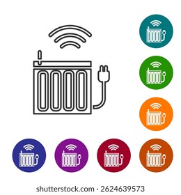 Black line Smart heating radiator system icon isolated on white background. Internet of things concept with wireless connection. Set icons in color circle buttons. Vector