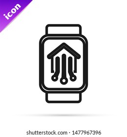 Black line Smart home with smart watch icon isolated on white background. Remote control.  Vector Illustration