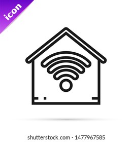 Black line Smart home with wi-fi icon isolated on white background. Remote control.  Vector Illustration