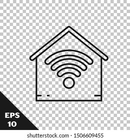 Black line Smart home with wi-fi icon isolated on transparent background. Remote control.  Vector Illustration