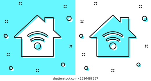 Schwarze Linie Smart Home mit Wi-Fi-Symbol einzeln auf grünem und weißem Hintergrund. Fernbedienung. Zufällige dynamische Formen. Vektorgrafik