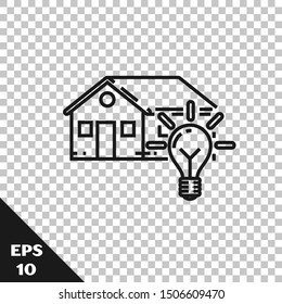 Black line Smart house and light bulb icon isolated on transparent background.  Vector Illustration