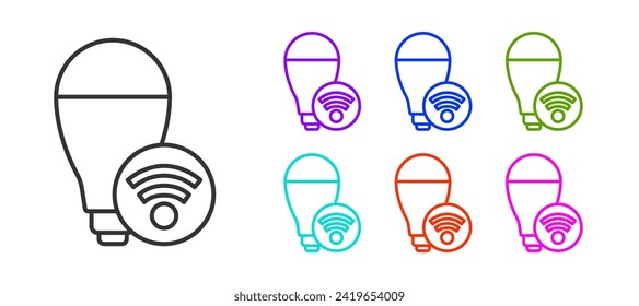 Black line Smart light bulb system icon isolated on white background. Energy and idea symbol. Internet of things concept with wireless connection. Set icons colorful. Vector