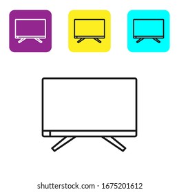 Icono de Smart Tv de línea negra aislado en fondo blanco. Cartel de televisión. Defina los iconos con los botones cuadrados coloridos.  Ilustración vectorial