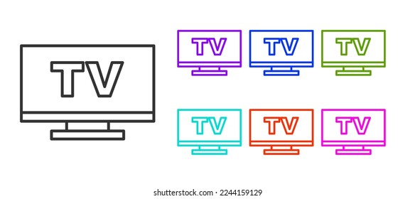 Icono de la línea negra Smart Tv aislado en fondo blanco. Cartel de televisión. Indique los iconos en colores. Vector