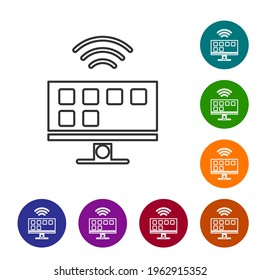 Black line Smart Tv system icon isolated on white background. Television sign. Internet of things concept with wireless connection. Set icons in color circle buttons. Vector