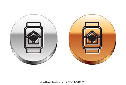 Black line Smart watch with smart home with wi-fi icon isolated on white background. Remote control. Silver-gold circle button. Vector Illustration Black line Smart watch with smart home with wi-fi icon isolated on white background. Remote control. Silver-gold circle button. Vector Illustration