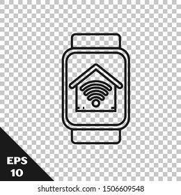 Black line Smart watch with smart home with wi-fi icon isolated on transparent background. Remote control.  Vector Illustration