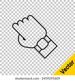 Black line Smart watch on hand icon isolated on transparent background. Fitness App concept.  Vector