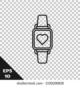 Black line Smart watch showing heart beat rate icon isolated on transparent background. Fitness App concept.  Vector Illustration