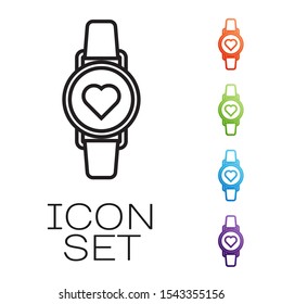 Black line Smart watch showing heart beat rate icon isolated on white background. Fitness App concept. Set icons colorful. Vector Illustration