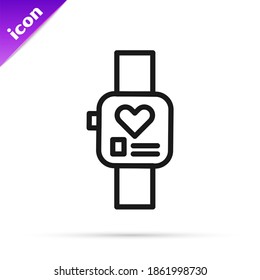 Línea negra El reloj inteligente muestra el icono de ritmo cardiaco aislado en fondo blanco. Concepto de aplicación de fitness.  Vector