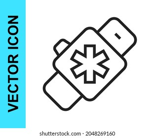 Black line Smart watch showing heart beat rate icon isolated on white background. Fitness App concept.  Vector