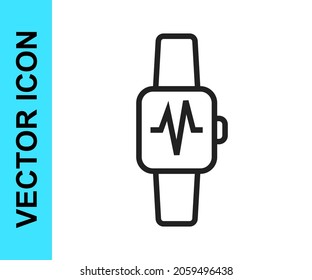 Black line Smart watch showing heart beat rate icon isolated on white background. Fitness App concept.  Vector