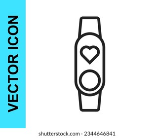Schwarze Linie Smartwatch mit Herzschlag Symbol einzeln auf weißem Hintergrund. Fitness App Konzept.  Vektorgrafik